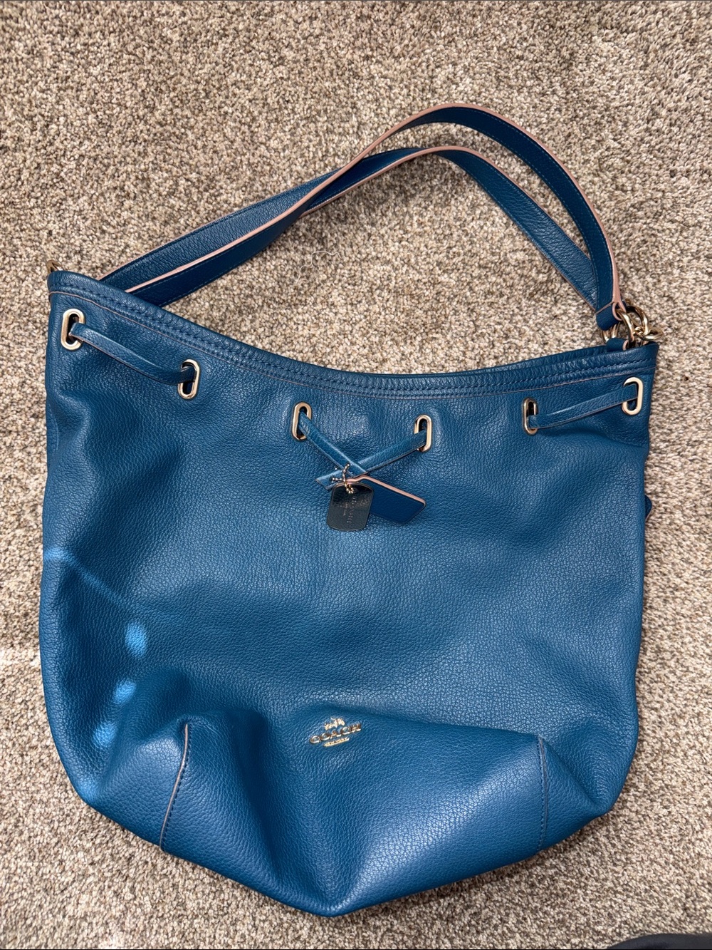 Coach Pebble Leather Drawstring Shoulder Bag in Teal Blue